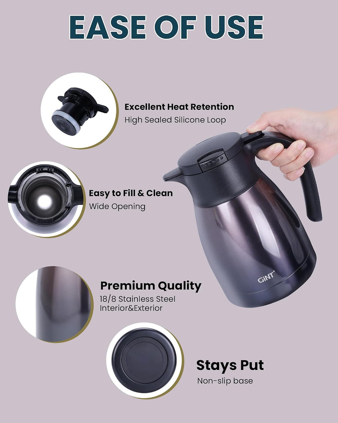 GiNT Isolierkanne Edelstrahl Quick Tip Verschluss Grip Vacuum Doppelwandig Violett 1L…, Violett 1L