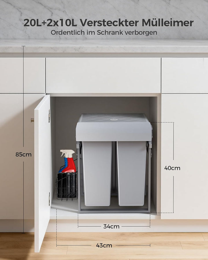 lovewind Dreikammer-Abfalleimer, 20L+2x10L, Mülleimer küche, Mülltrennsystem für Unterschrank，Stahlr