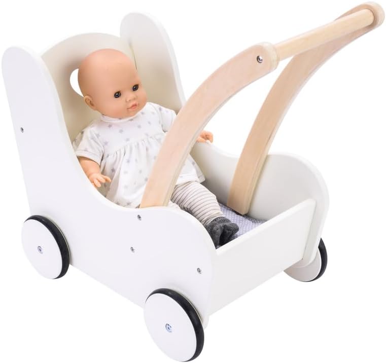 Engelhart – 606014 – Eleganter Puppenwagen aus Holz – Grau und Weiss – Masse: 50 x 28 x 46 cm – Ab 3