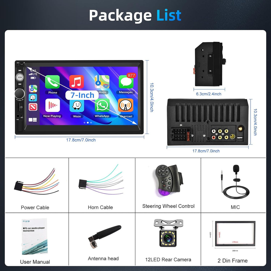 Wireless Carplay Android Auto 2 Din Autoradio, 7" HD Touchscreen Car Stereo MP5 Player, Unterstützun