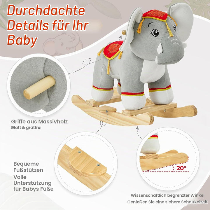 FUNLIO Thailändischer Elefant Schaukelpferd für Kleinkinder 1-3 Jahre, Niedliches Graues Elefant-Sch