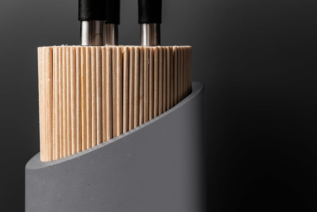 Messerblock & Löffelhalter Set - aus Beton und Bambus | Rund | 21 x 12cm | Handarbeit von GRAURAUM S