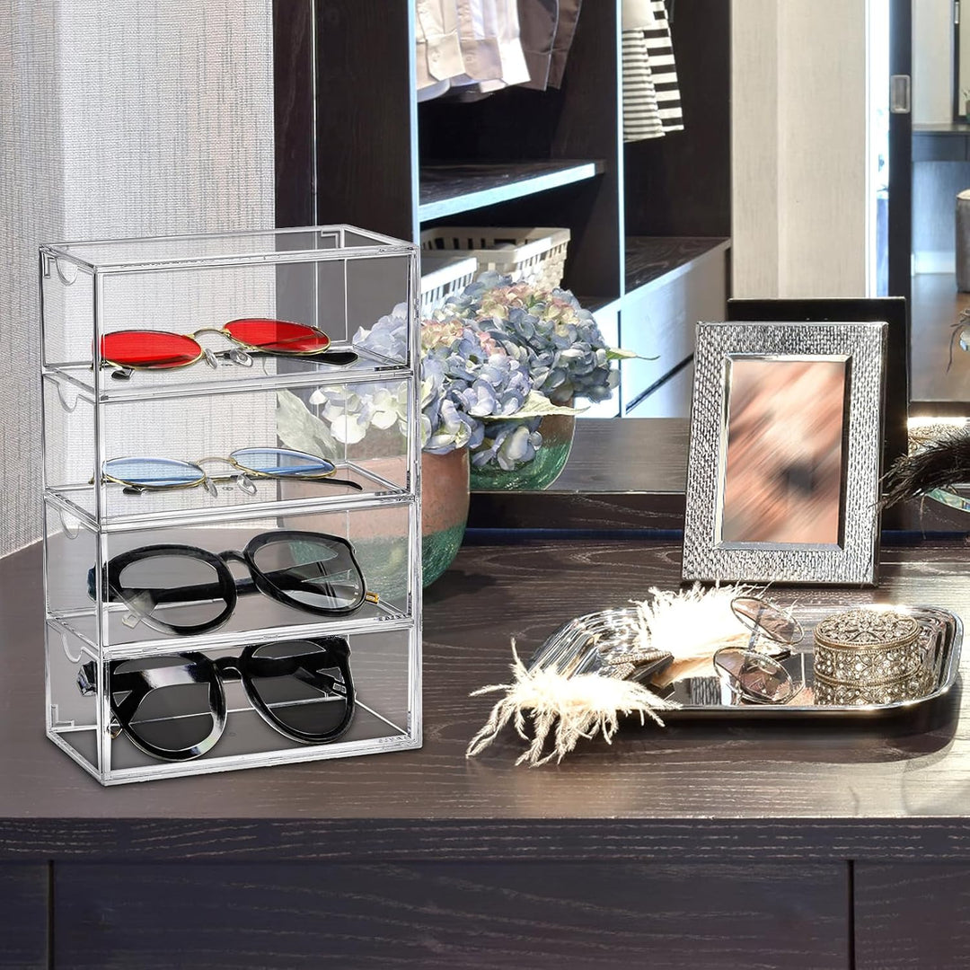 Nicunom 2 Stück Sonnenbrillen-Organizer, Acryl, transparentes Brillenetui mit 4 Schubladen, Brillena