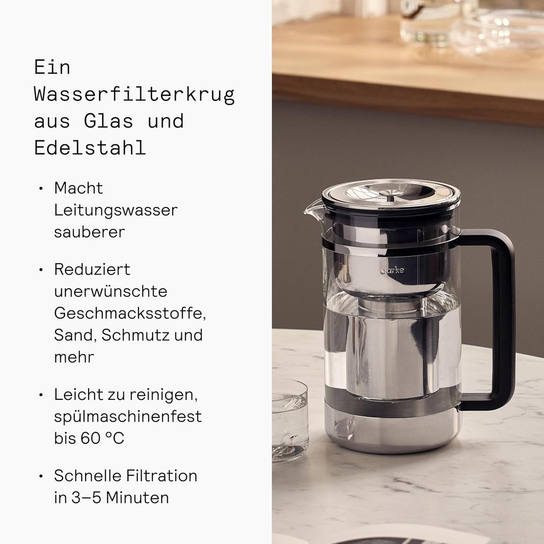 Aarke Purifier Large, Wasserfilterkanne aus Glas und Edelstahl, 1,7 l / 7 Tassen, inklusive Aarke Pu