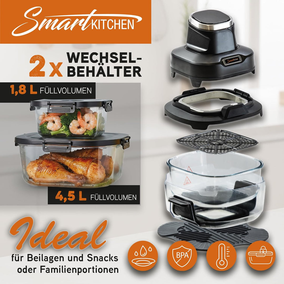 Smart Kitchen Glas-Heissluftfritteuse 4-in-1 – Air Fryer für Backen, Recrisp & Max Crisp – 4 L + 1,5