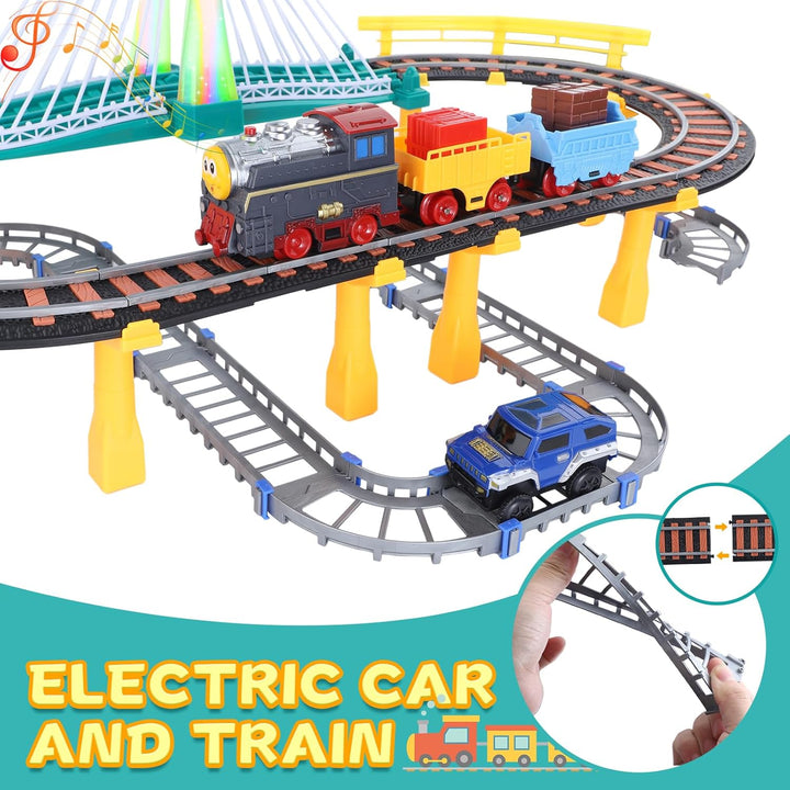 Kinder Eisenbahnschiene Zug Spielzeug Set, Autorennbahn Spielzeug mit Zug&Autobahnautos, für Kinder
