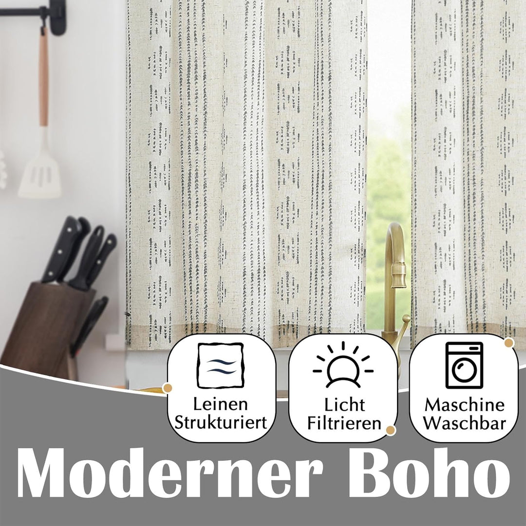 Vangao Scheibengardinen Modern Küche Boho Gestreift Leinenoptik Bistrogardine 2er Set 65Bx60Hcm Geom