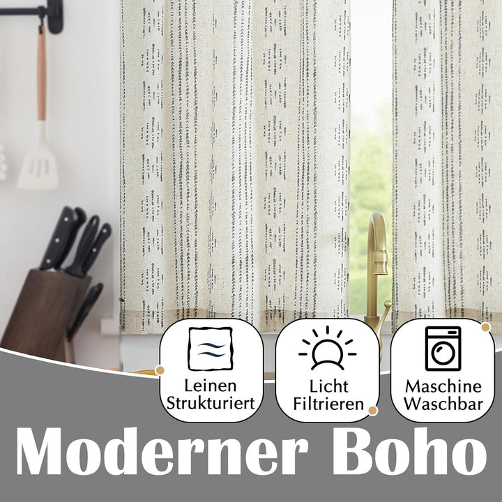 Vangao Scheibengardinen Modern Küche Boho Gestreift Leinenoptik Bistrogardine 2er Set 65Bx60Hcm Geom