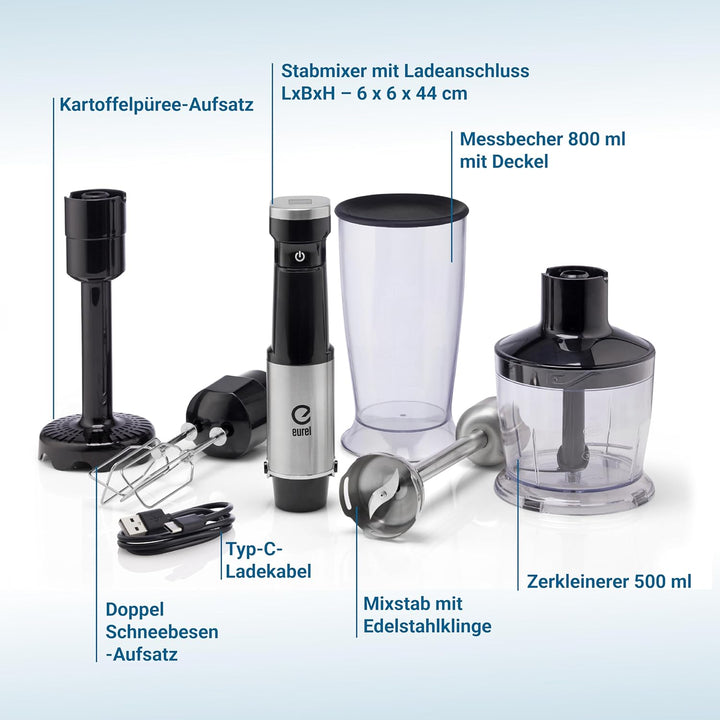 EUREL PREMIUMLine MP94 Stabmixer Set – Kabelloser Pürierstab mit 200W DC-Motor, 10 Geschwindigkeiten
