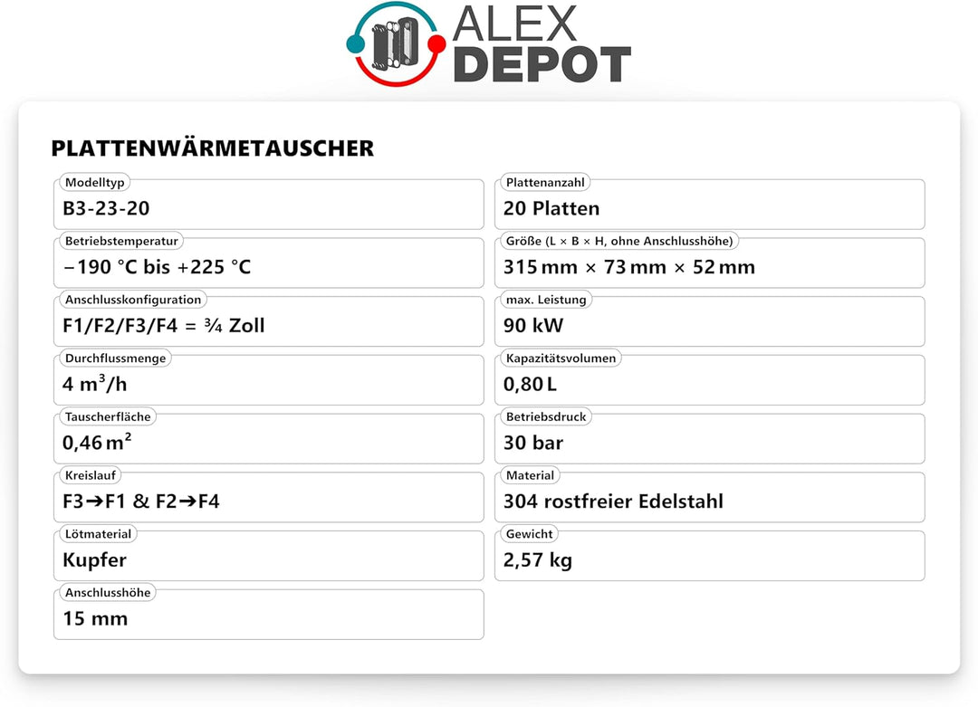 Edelstahl Plattenwärmetauscher B3-23-20 mit 4x3/4 Zoll Anschl. 90kW Heizung Solar (PWT)