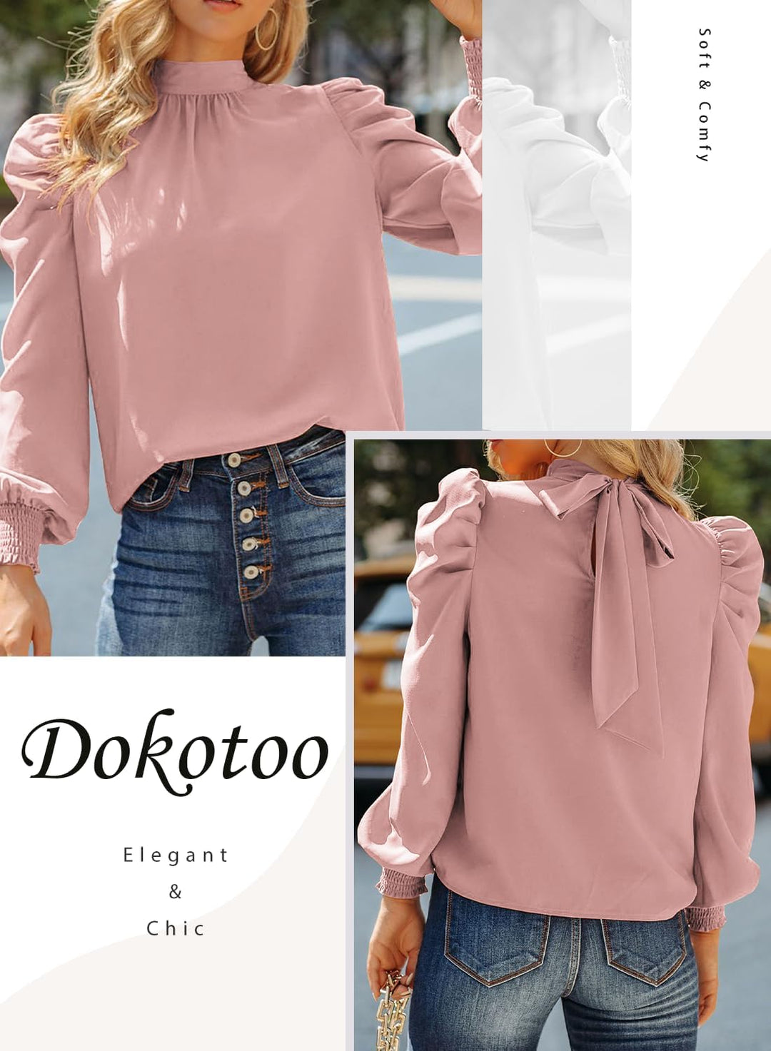Dokotoo Damen Bluse Elegant Business Chiffonbluse Einfarbig Stehkragen Puffärmel Oberteil Tops S-XXL