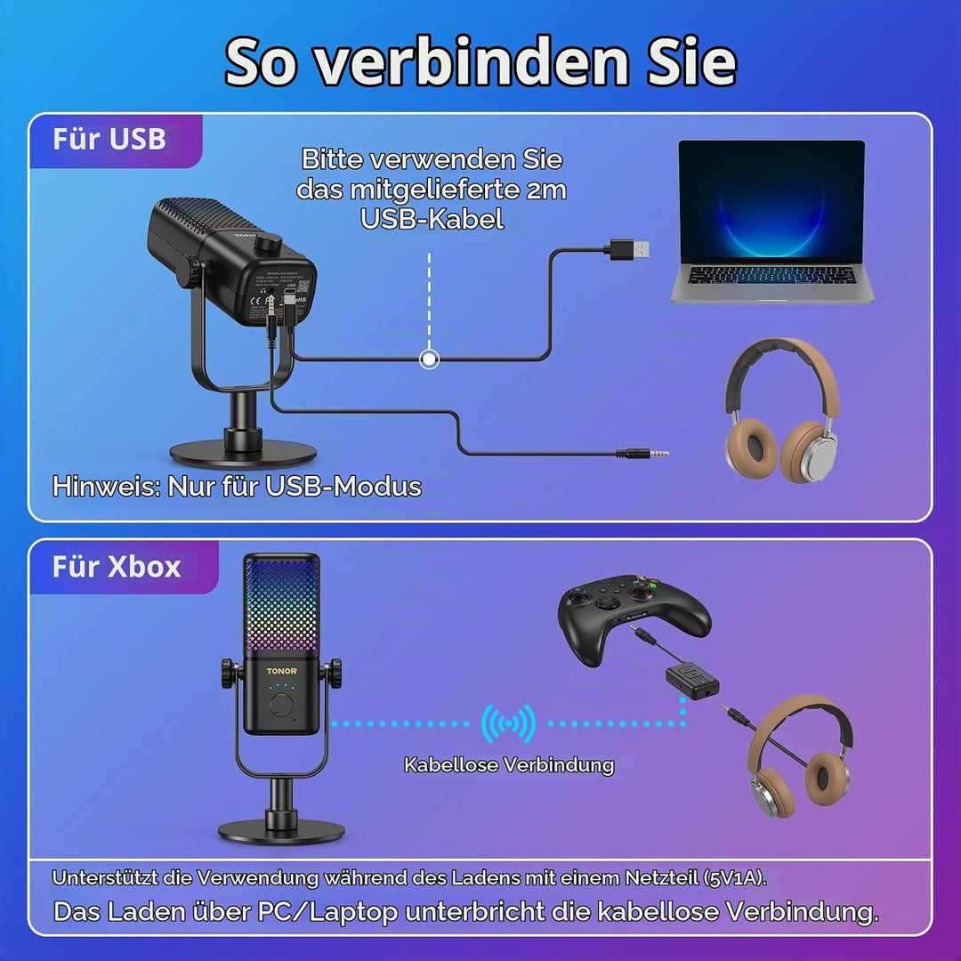TONOR Gaming Mikrofon Kabellos, Kompatibel mit Xbox &amp; Capture Karten, Xbox mikrofon mit RGB/Überwach