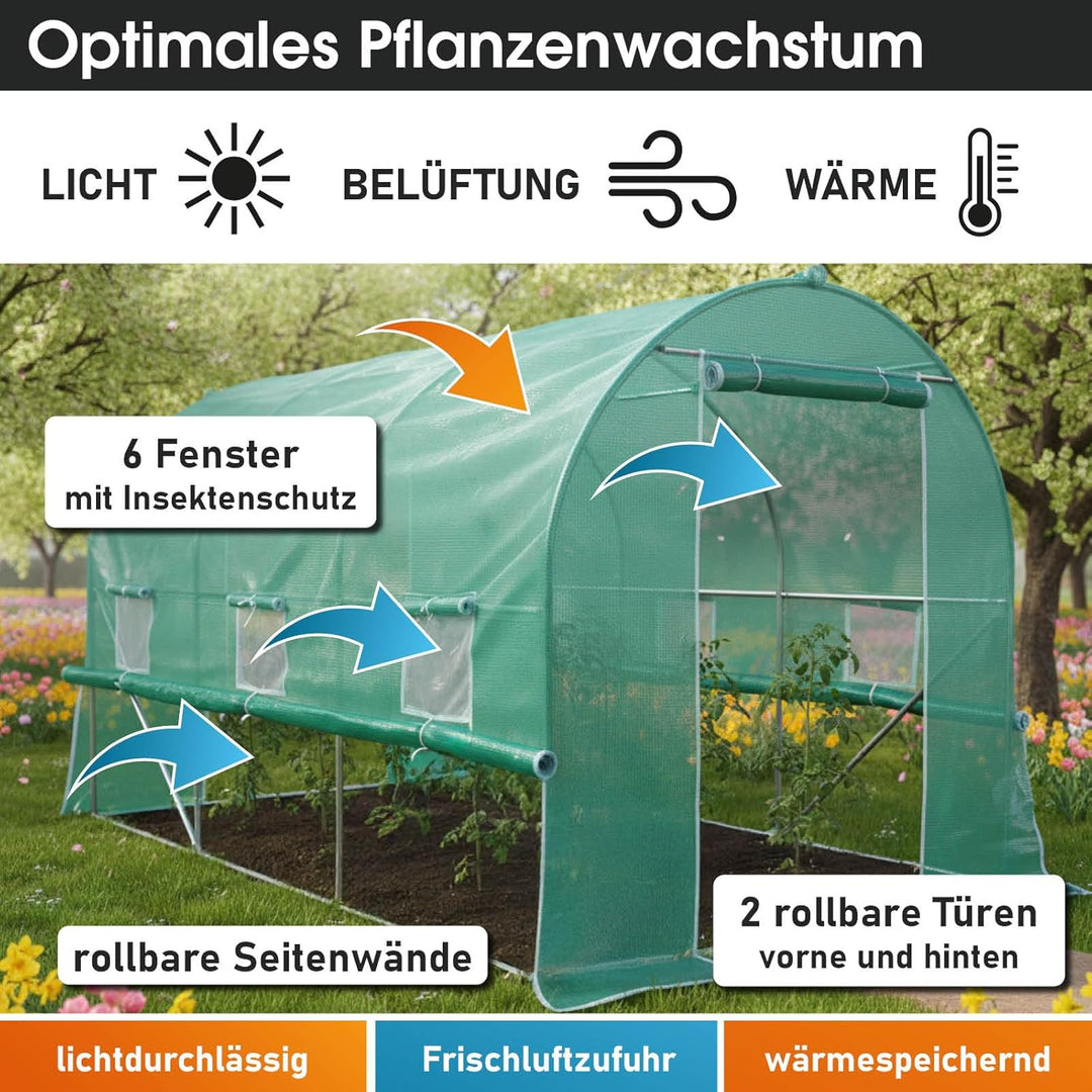BRAST® Gewächshaus Foliengewächshaus mit Stahlfundament 200x300 cm Seitenwände aufrollbar Erdanker s