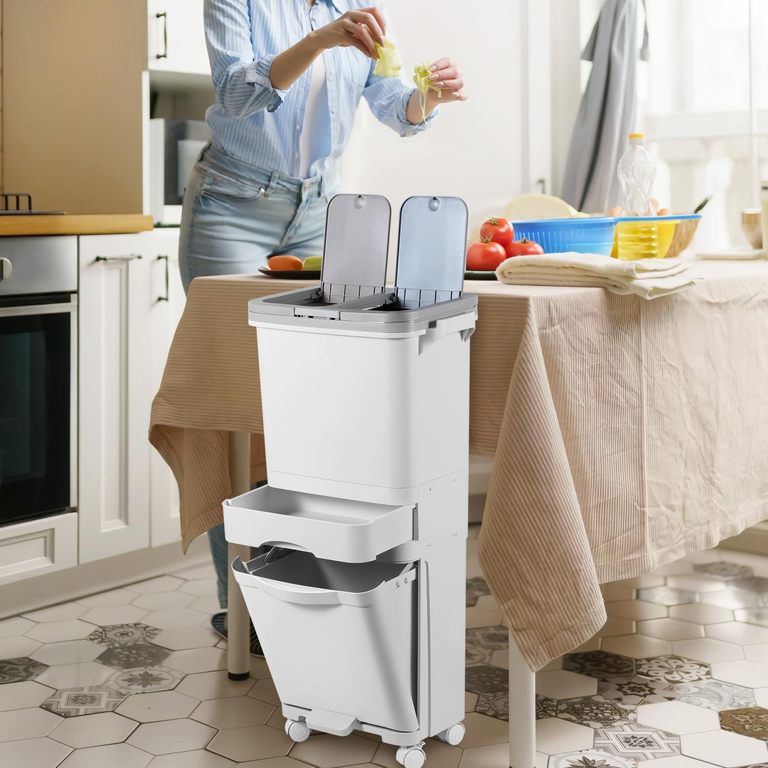 ISOISL Mülleimer Küche 3 Fächer, 42L Trocken und Nasstrennung Abfalleimer Küche mit Deckel, Tretmüll