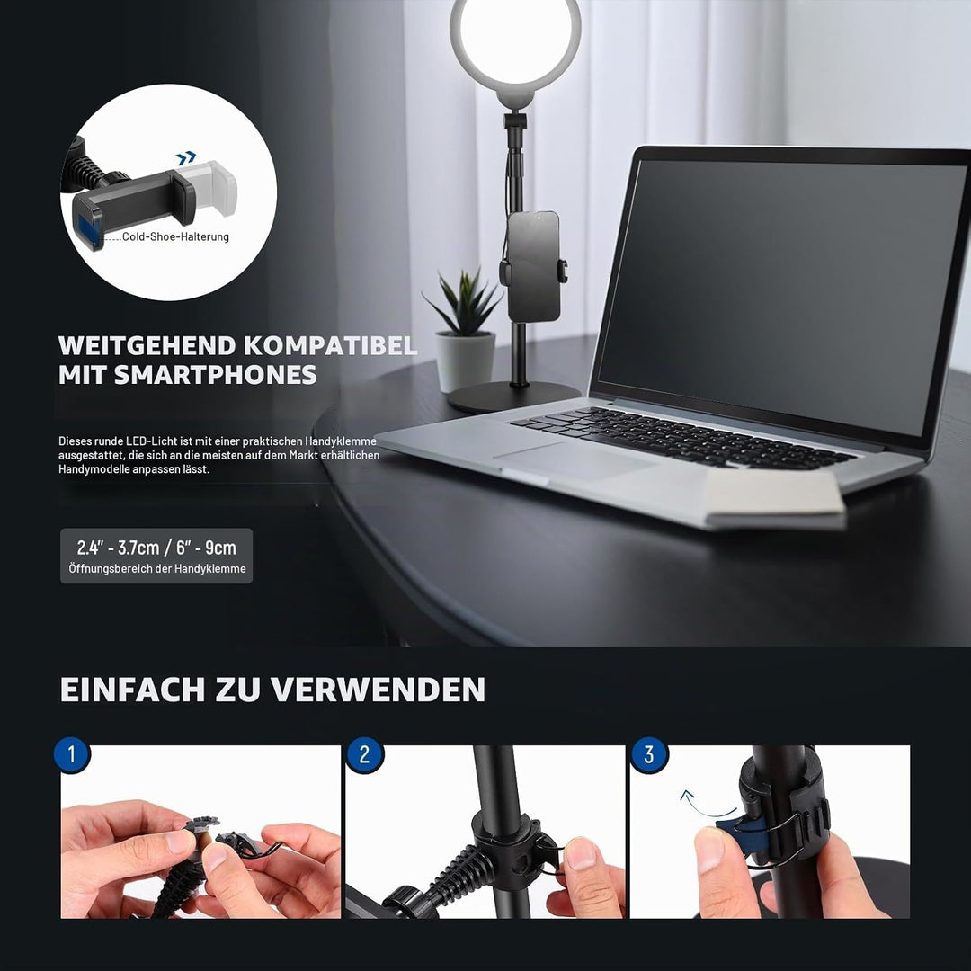 NEEWER Basic 7" Selfie Licht Set, Tisch Handy Ringleuchte, 10W 3000K-6500K Dimmbares Vollbild Ring L