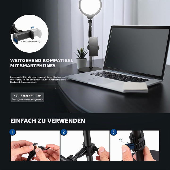 NEEWER Basic 7" Selfie Licht Set, Tisch Handy Ringleuchte, 10W 3000K-6500K Dimmbares Vollbild Ring L