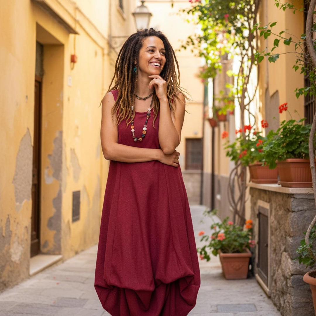GURU SHOP Langes Wandelbares Sommerkleid, Maxikleid, Damen, Baumwolle 40 Rot, 40 Rot