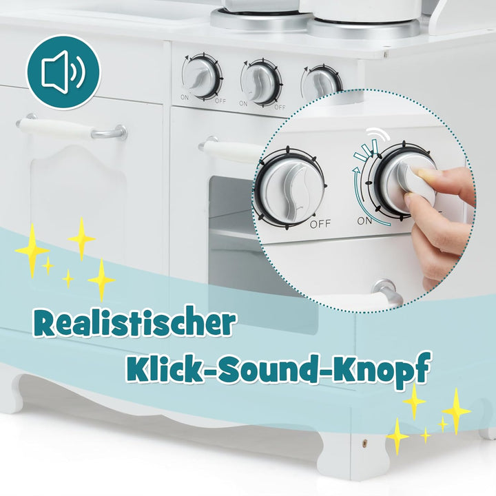 DREAMADE Kinderküche aus Holz mit Spielzubehör, Kinderspielküche mit Kühlschrank Spüle Herd Backofen