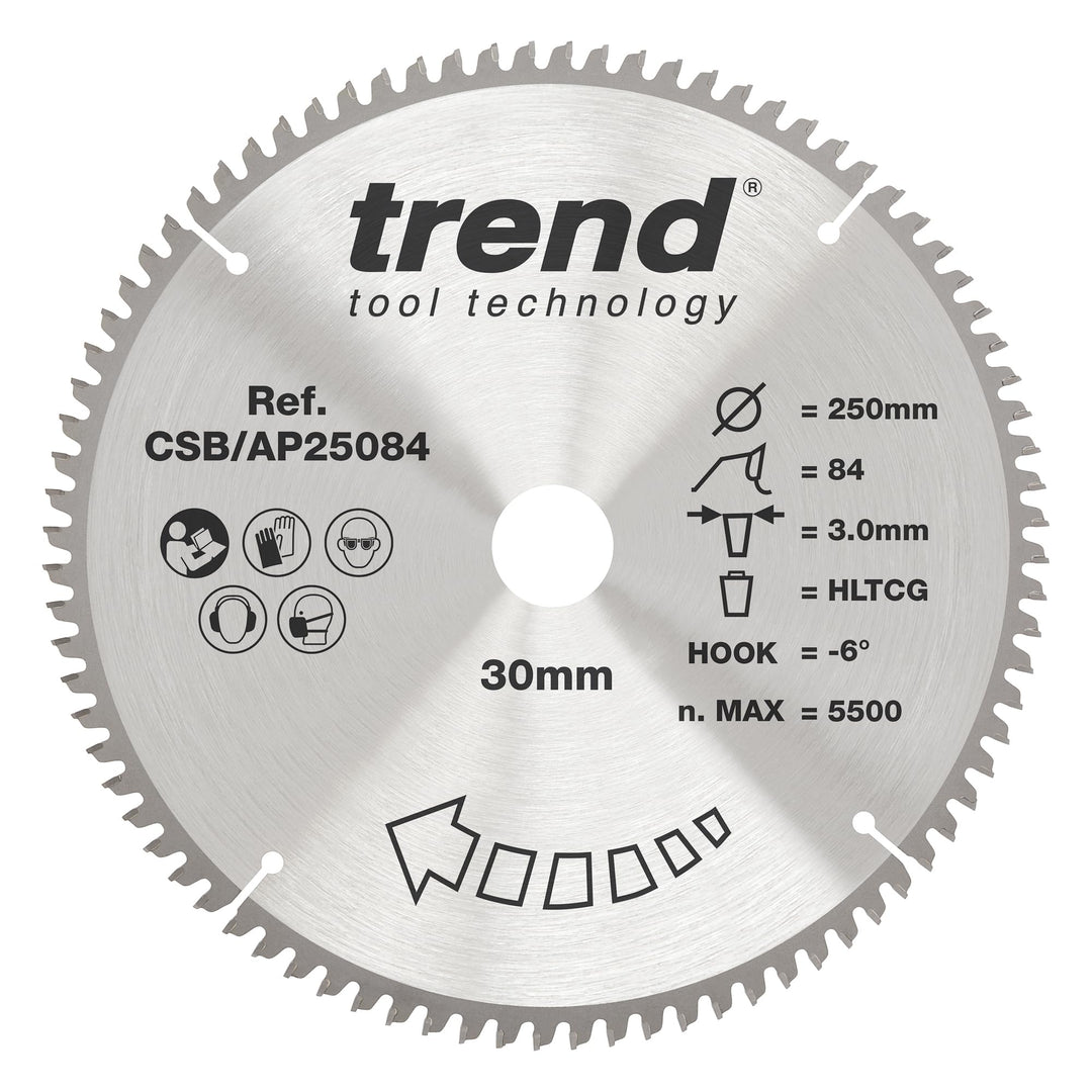 Trend CraftPro Arbeitsplatte Aluminium und Kunststoff TCT Kreissägeblatt, 250mm Durchmesser x 84 Zäh