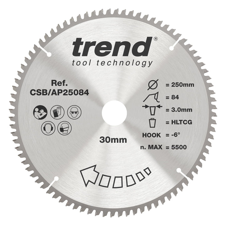 Trend CraftPro Arbeitsplatte Aluminium und Kunststoff TCT Kreissägeblatt, 250mm Durchmesser x 84 Zäh