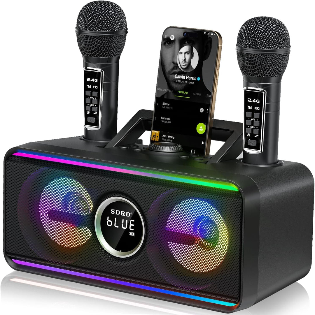 SDRD SD-216 Karaoke-Maschine – 2 kabellose Mikrofone, 80W kraftvoller Sound, Bluetooth & LED-Lichter