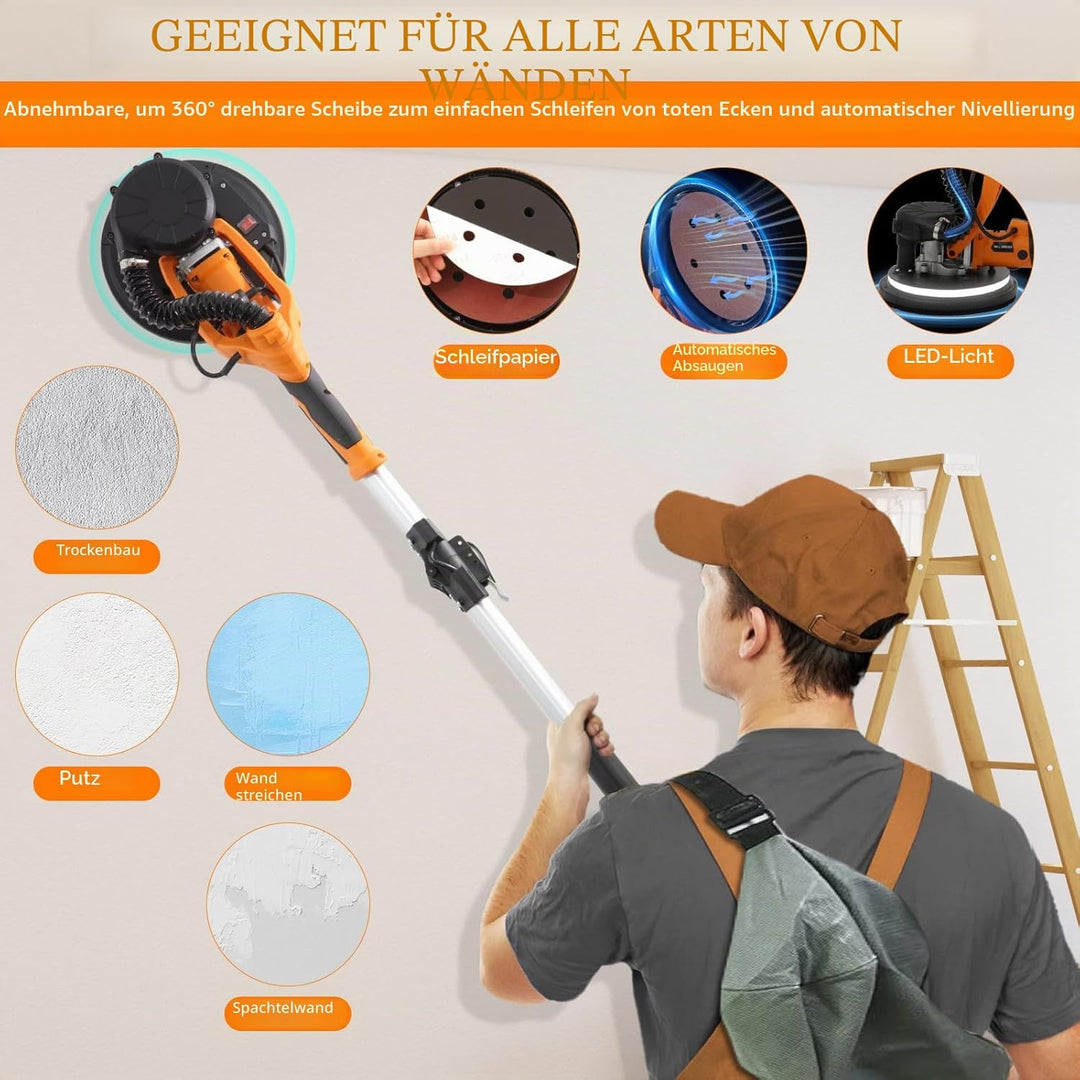 Trockenbauschleifer, 1250 W 225 mm Elektroschleifer, 5 variablen Geschwindigkeiten von 500 bis 1800