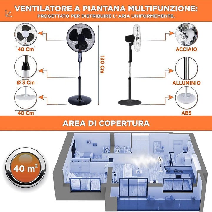 BAKAJI Standventilator mit Fernbedienung, runder Sockel, 40-cm-Flügel, 3 Oszillationsgeschwindigkeit