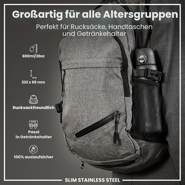 Ion8 Stahl-Trinkflasche, 600 ml, Auslaufsicher, Einhandöffnung, Sichere Verriegelung, Spülmaschinenf