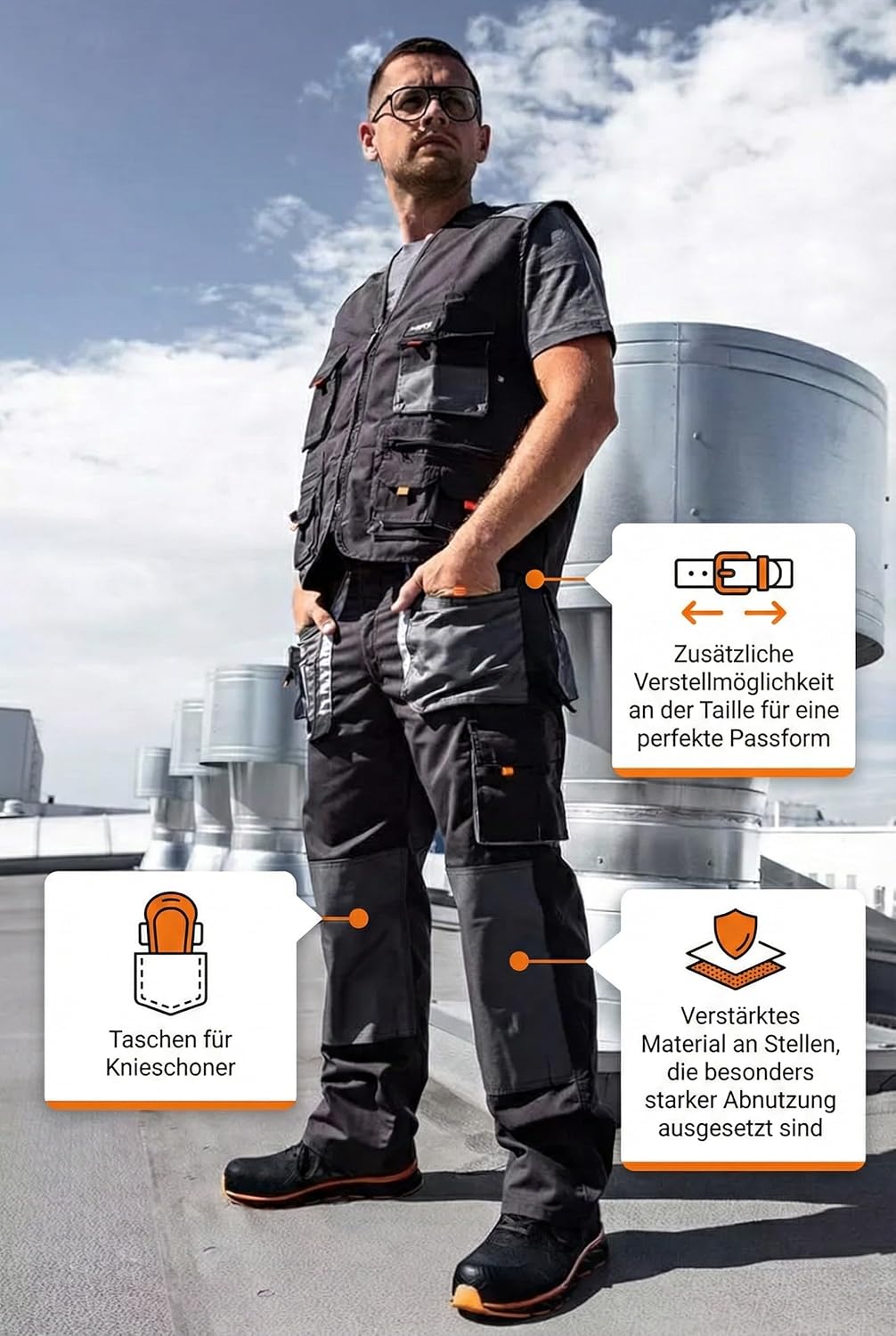 NEO TOOLS Profi Arbeitshose Multifunktion Bundhose, Sicherheitshose, Oxford-Stoffverstärkungen, vers