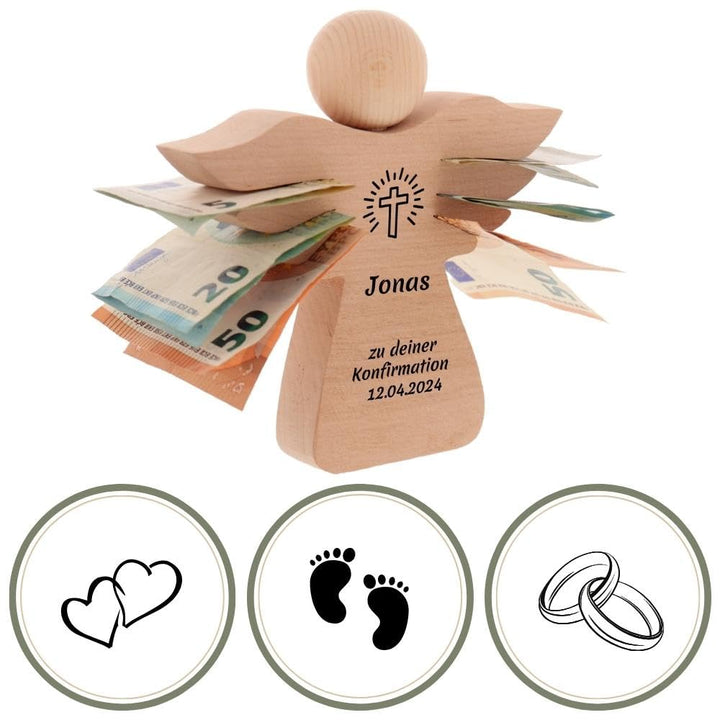 HOFMEISTER® Holzengel Geldgeschenk personalisierte Gravur - Geschenkidee zur Taufe, Konfirmation, Ho