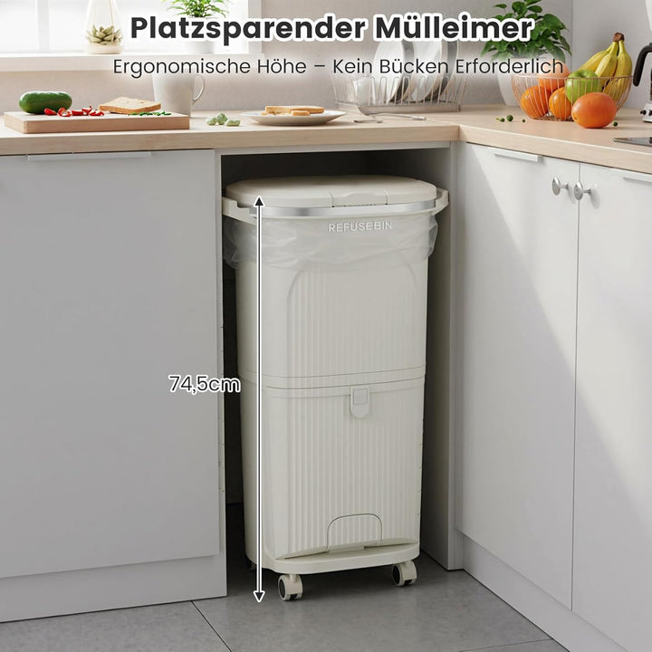COSTWAY Mülleimer Küche, Mülltrennsystem 3 Fächer, 2 x 12L Inneneimer & 14L Treteimer, Abfalleimer m