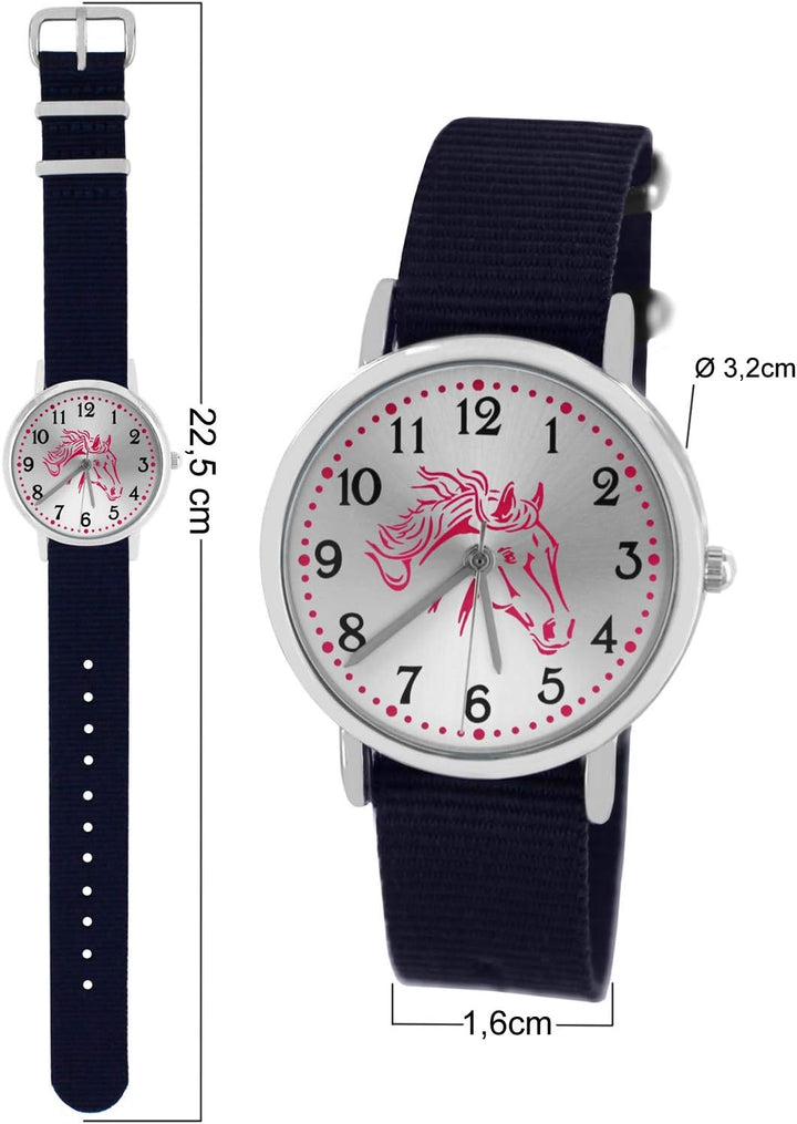 Pacific Time Mädchen Armbanduhr Uhr Pferd Pferdemotiv analog Quarz 2 Textilarmband Blau Grau 10021