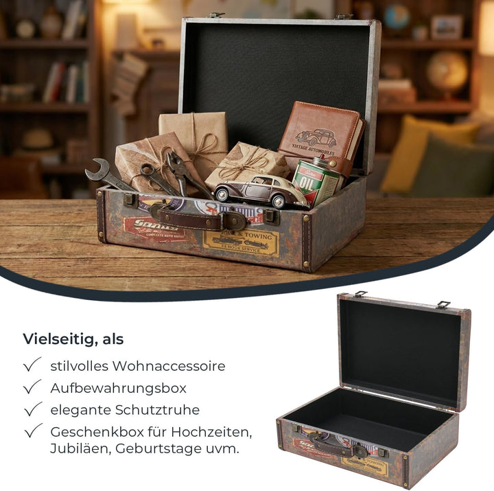 HMF Vintage Deko Koffer aus Holz, Aufbewahrungsbox mit Deckel und Ledergriff, stilvolle Aufbewahrung