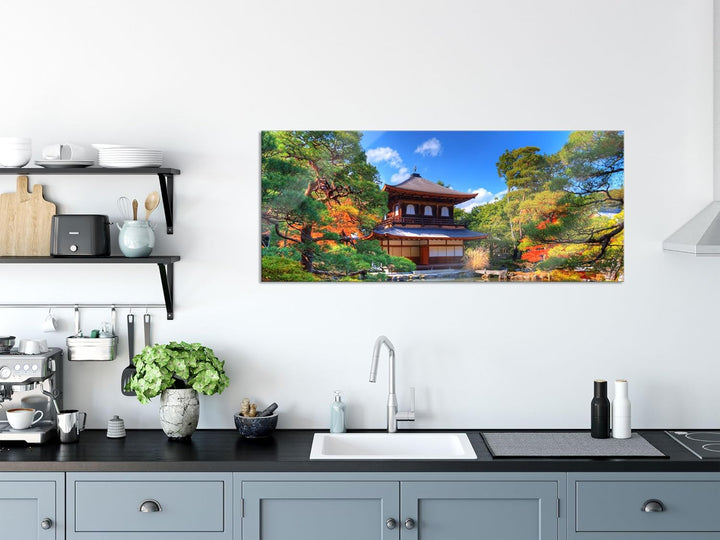 Glasbild Panorama | Wandbild aus Echtglas | Ginkaku-ji-Tempel in Kyoto | 120x50 cm | inkl. Aufhängun