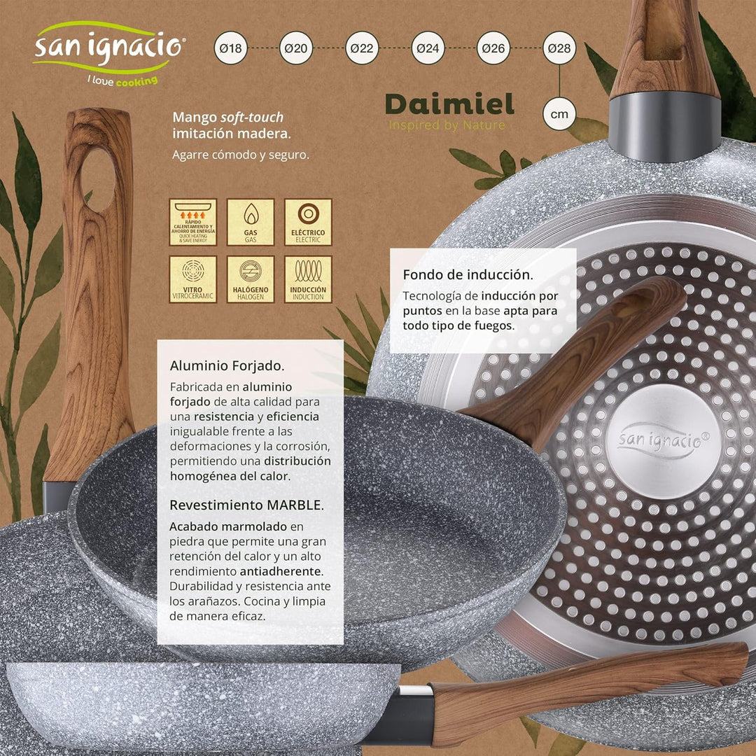 San Ignacio Set 4 Pfannen, geschmiedetes Aluminium, Induktion, Ø20 Ø24 Ø26 und Ø28 Daimiel 20/24/26/