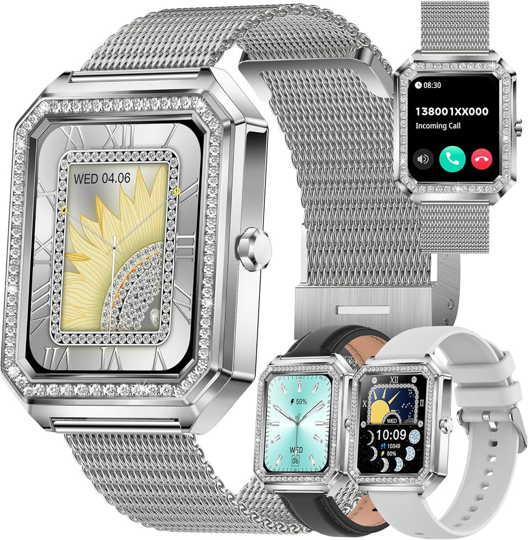 MYSHUN Smartwatch Damen mit Telefonfunktion, 1,59” Fitnessuhr Diamond Uhren Fitness Tracker 123 Spor