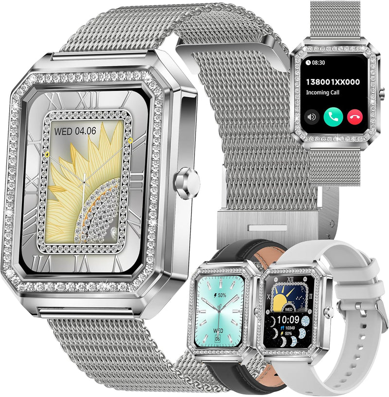MYSHUN Smartwatch Damen mit Telefonfunktion, 1,59” Fitnessuhr Diamond Uhren Fitness Tracker 123 Spor