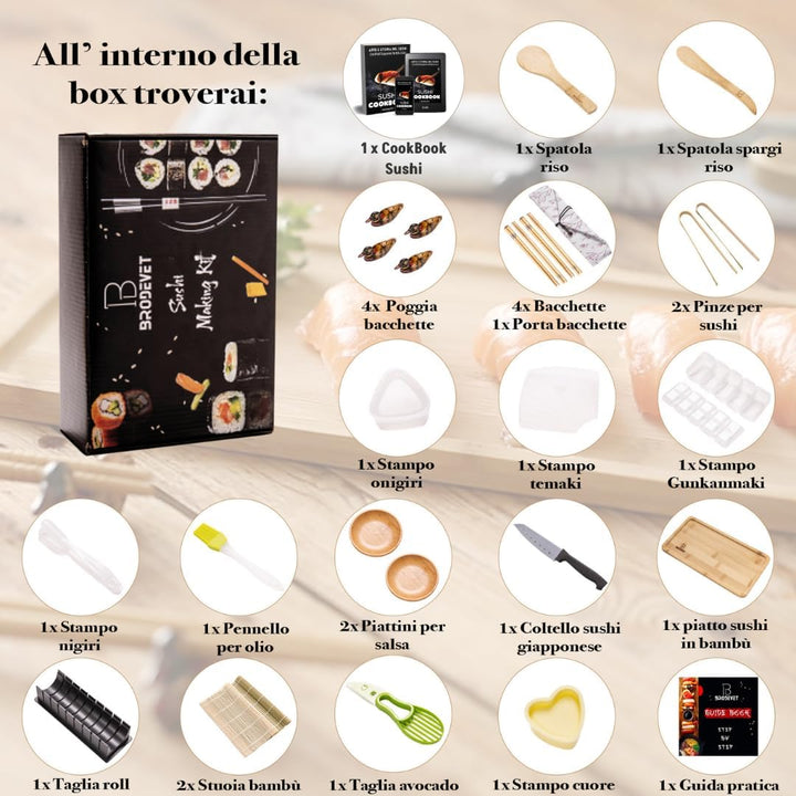 Sushi-Set 2025 – 29-teilig mit praktischer Anleitung, Rezeptbuch, Onigiri-Form, Bambusmatte, Sushi G