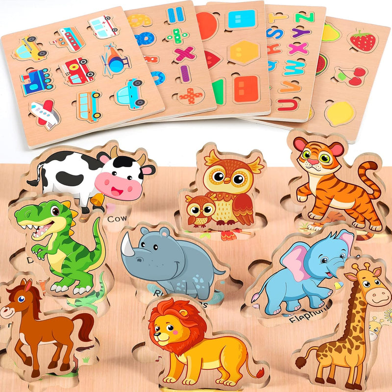 lenbest 6er Set Kinder Holzpuzzle - Montessori Spielzeug - Tier Alphabet Nummer Fahrzeuge Form Fruch