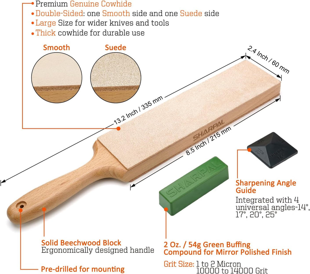SHARPAL 205H Doppelseitiger Leder-Streichriemen (330 x 60 mm) Kit mit 53g Polierpaste und Winkelführ
