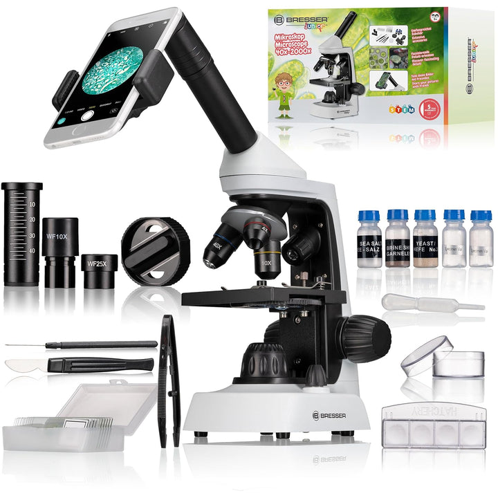 Bresser Junior Mikroskop 40x-2000x mit innovativer Smartphone Halterung und regelbarer Auflicht- und