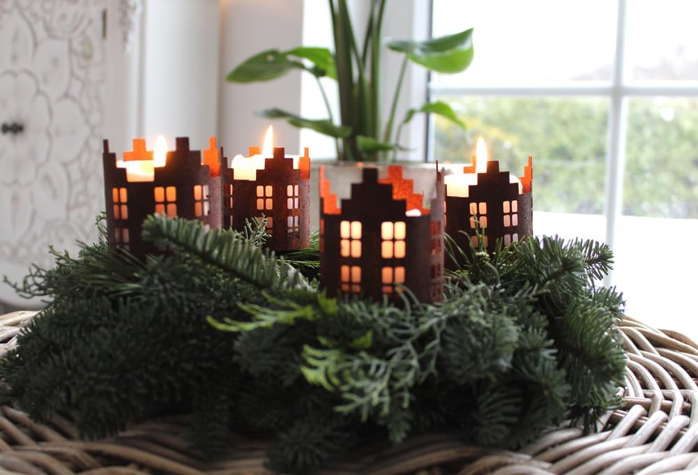 LB H&F 4er Set Adventskranzstecker HÄUSER Deko Kerzenhalter Advent Rost Metall Weihnachten KERZENSTE