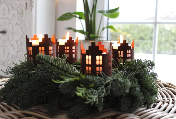 LB H&F 4er Set Adventskranzstecker HÄUSER Deko Kerzenhalter Advent Rost Metall Weihnachten KERZENSTE