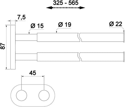 Handtuchhalter 2-armig ausziehbar von 325-565 mm Stangen-Ø 19 mm verchromt poliert Wandtuchhalter Wa