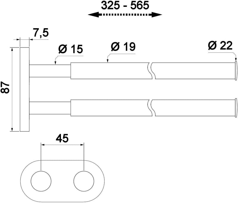 Handtuchhalter 2-armig ausziehbar von 325-565 mm Stangen-Ø 19 mm verchromt poliert Wandtuchhalter Wa