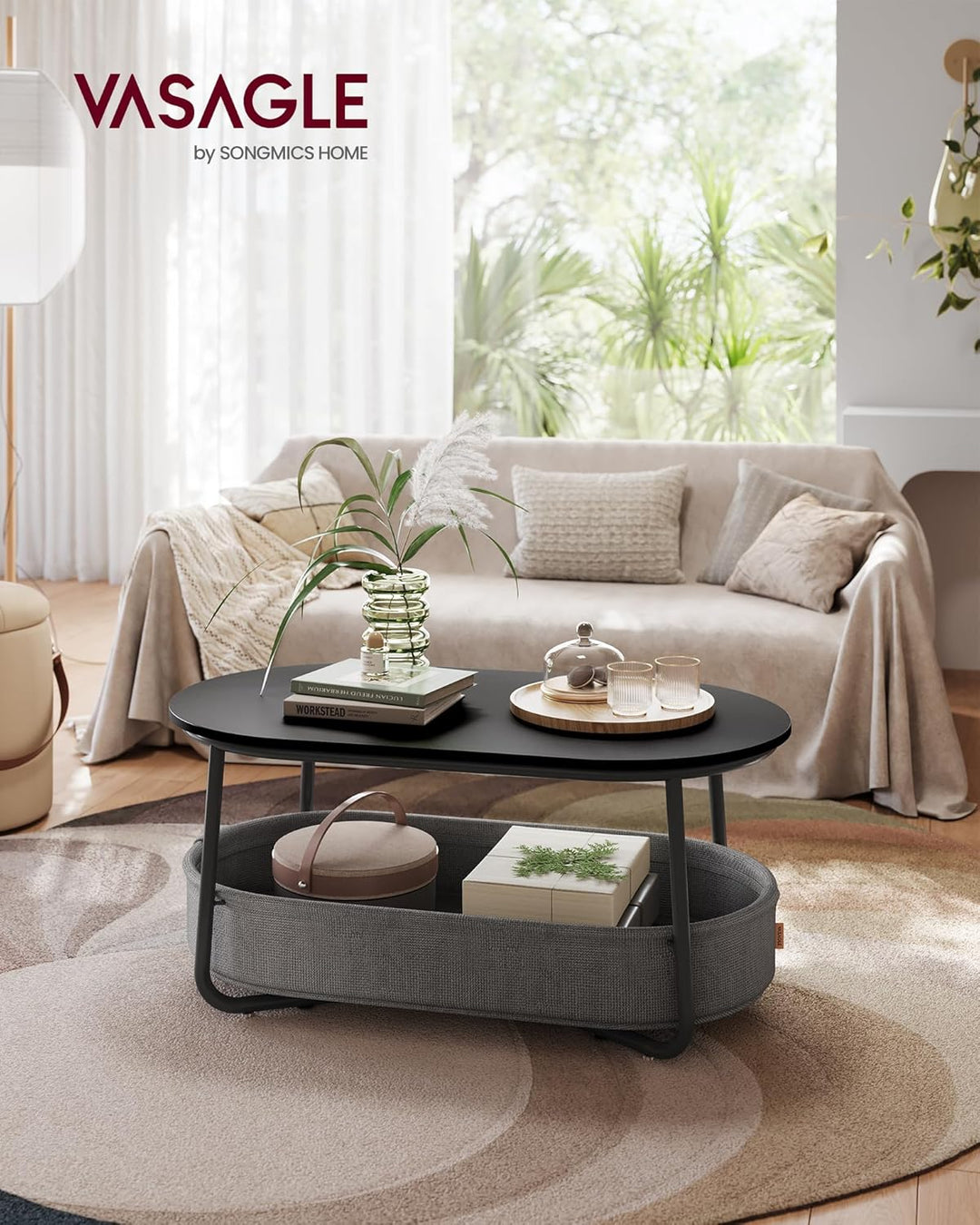VASAGLE Couchtisch oval, Tisch mit Stauraum, Beistelltisch, Wohnzimmertisch mit Korb aus Stoff, mode