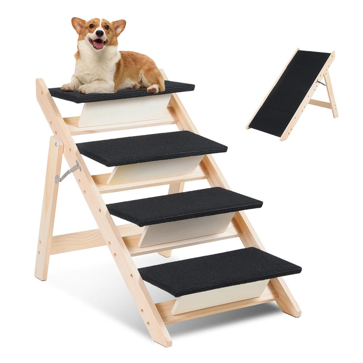 Hundetreppe 4 Stufen,2-in-1 Klappbare Hunderampe aus Holz,rutschfest mit Geringer Neigung,Haustiertr