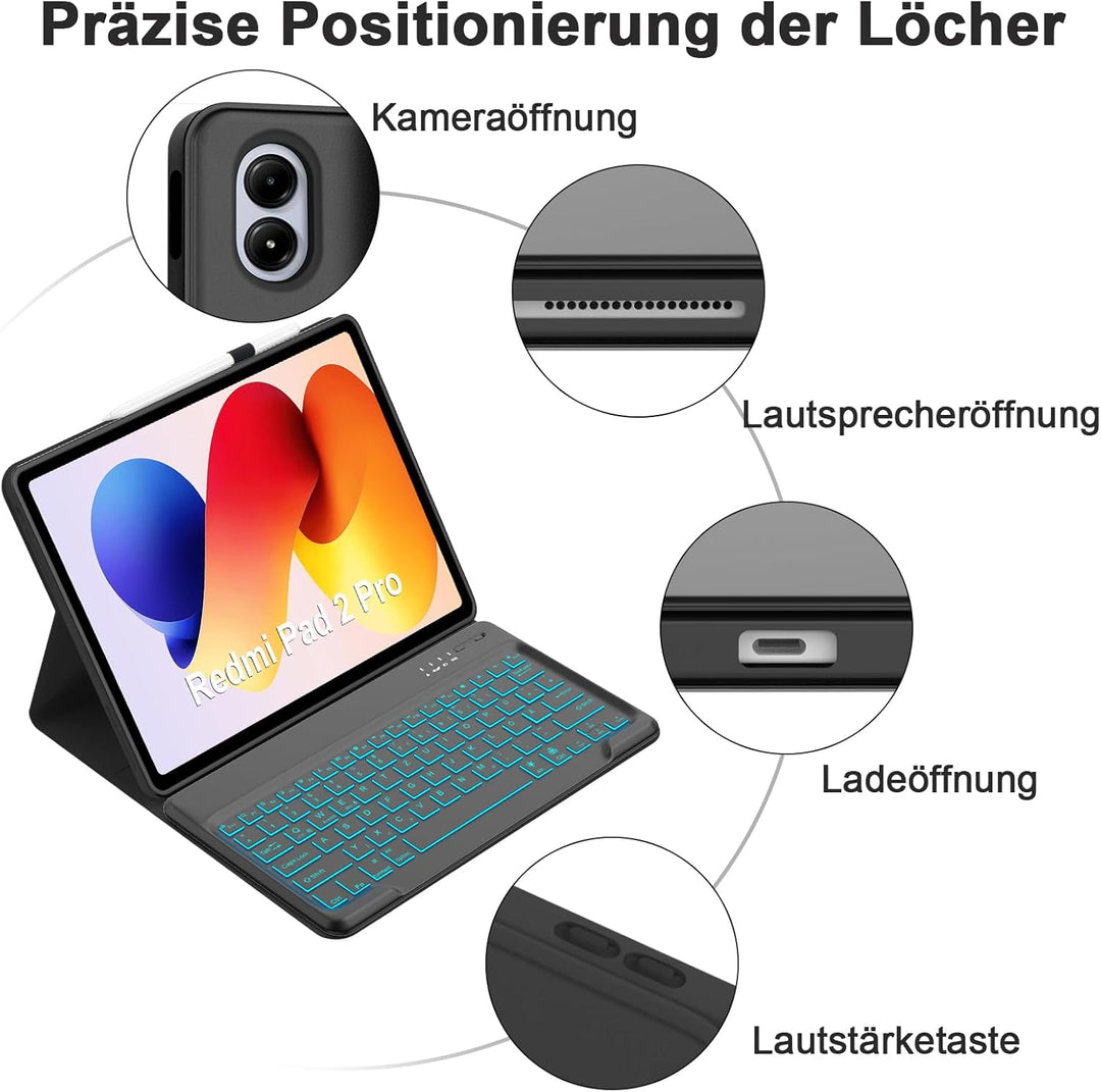 IVEOPPE Hülle mit Tastatur für Xiaomi Redmi Pad 2 Pro 12,1 Zoll, Bluetooth Magnetisch Beleuchtung Ta