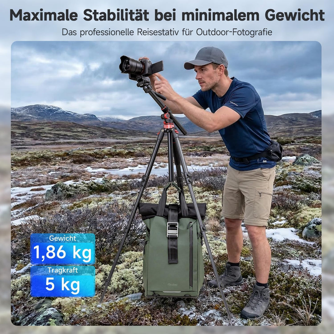 Rollei Compact Traveler No.2 XL Video Stativ Kamera mit Auslegearm 212cm Aluminium Kamerastativ mit