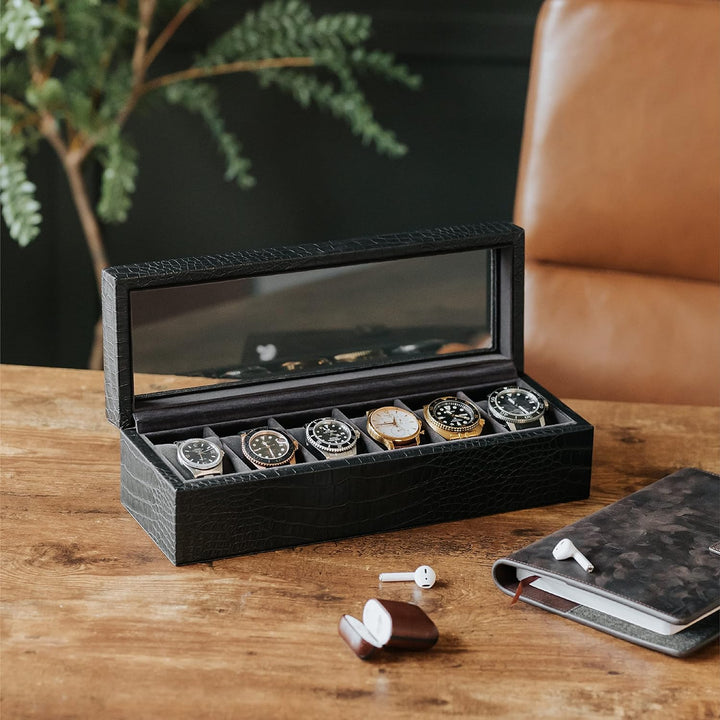 CASE ELEGANCE Uhrenschatulle in Elegantem, Schwarzem, Kunst-Krokodilleder mit Echtem Glas Gator, Gat